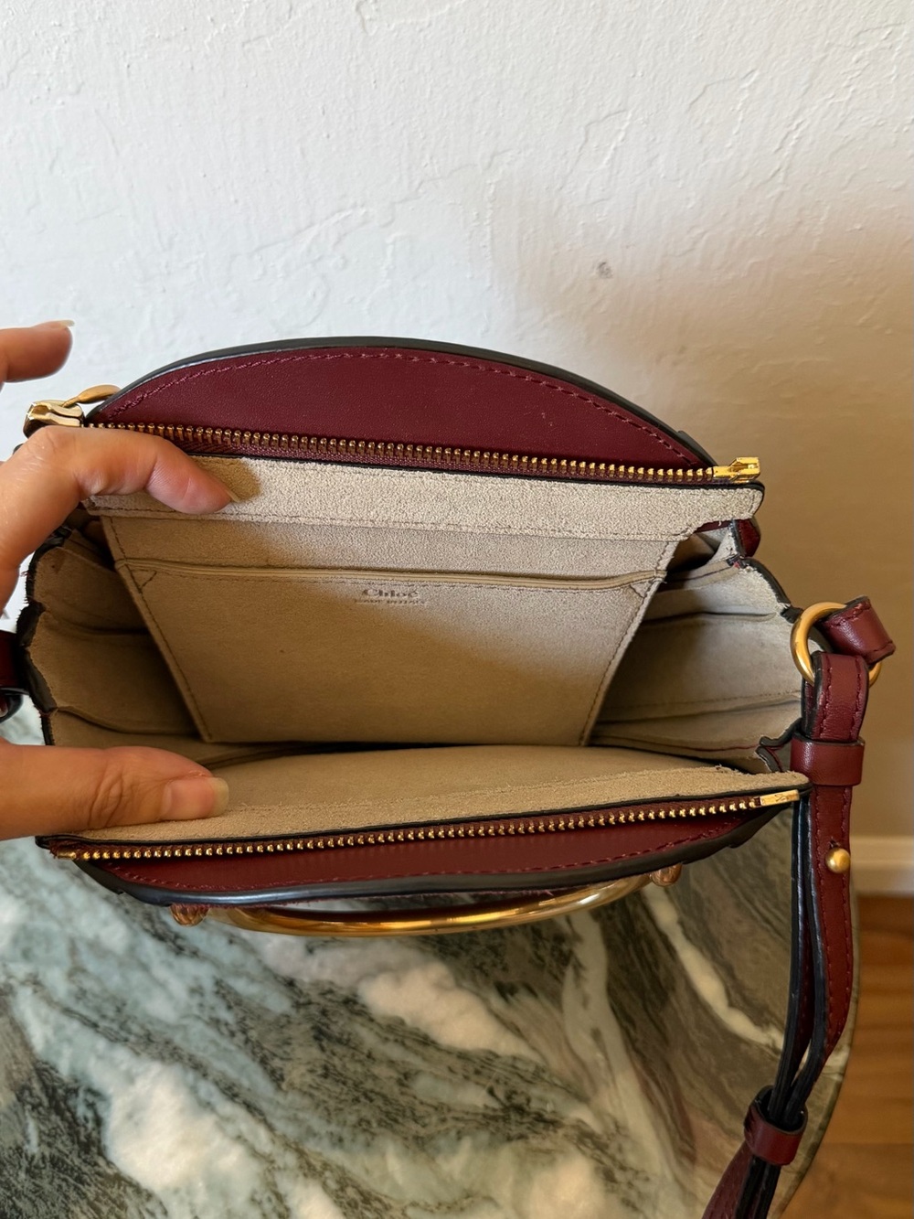 Wine Red Leather Circle Crossbody Bag with Gold Handles - Picture 4 of 7